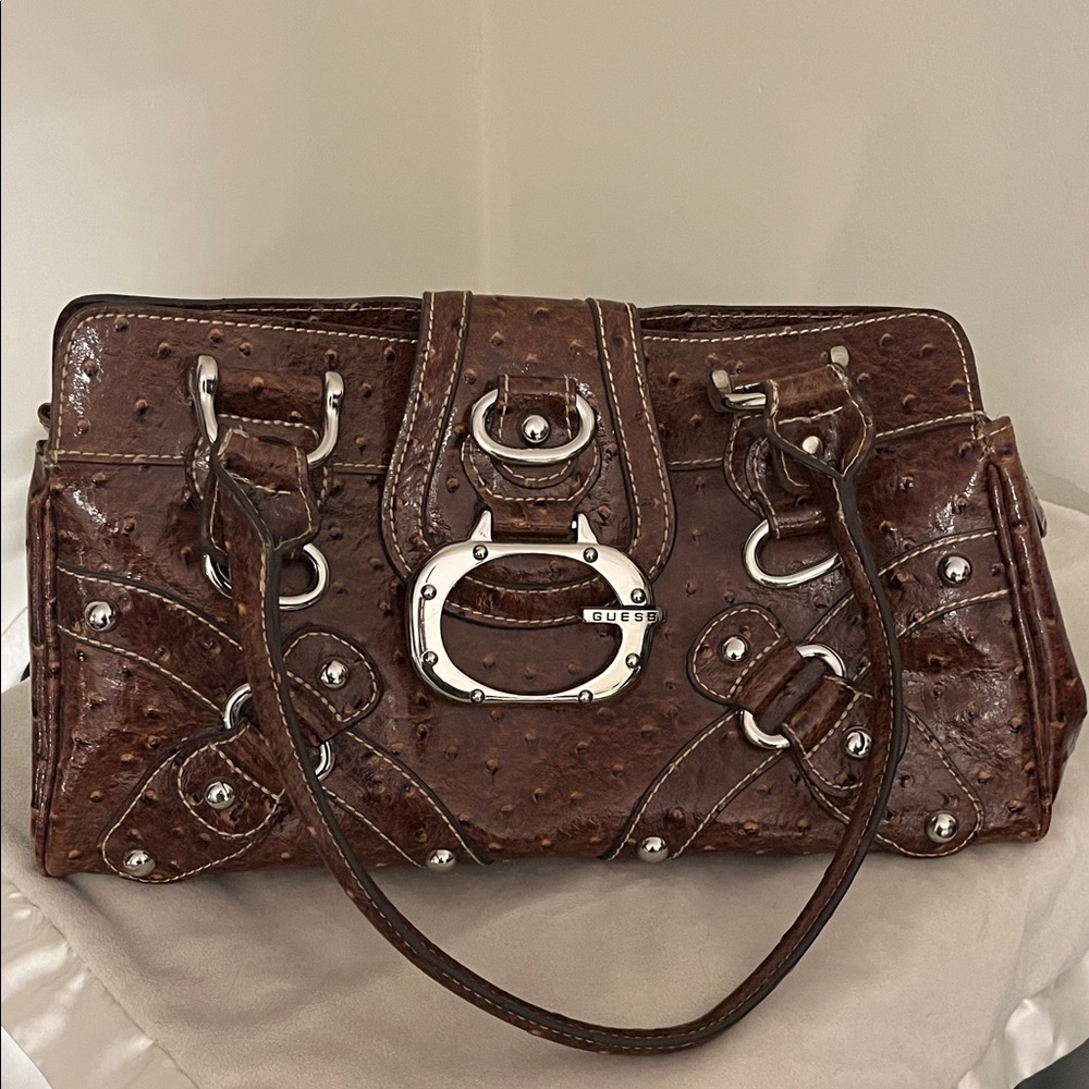 Vintage Guess Brown Ostrich-Effect Leather Satchel with Silver Hardware